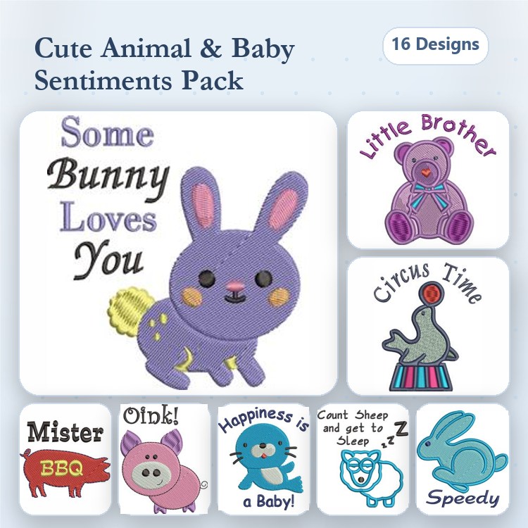 Cute Animals and Baby Sentiments Embroidery Designs Bundle – Purple Bunny, Circus Elephant, Mister BBQ Pig & More (16 Designs)
