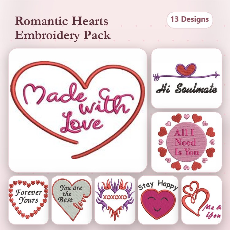 Redwork Romantic Heart Embroidery Designs Bundle – Made with Love Heart, Hi Soulmate, Forever Yours Heart & More (13 Designs)