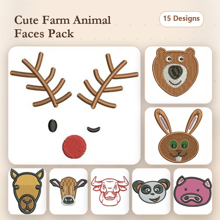 Farm Animal Faces Embroidery Designs Bundle – Cute Reindeer, Bear, Rabbit & More (15 Designs)