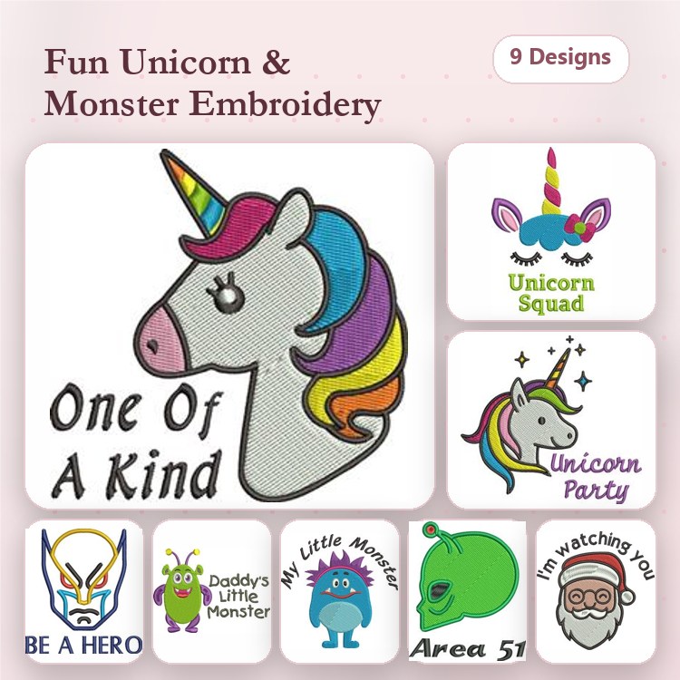 Unicorn & Monster Embroidery Designs Bundle – Unicorn Head, One Of A Kind, Daddy's Little Monster & More (9 Designs)