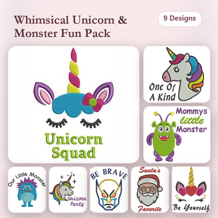 Unicorn & Monster Embroidery Designs Bundle – Unicorn Squad, Mommy's Little Monster, Be Brave & More (9 Designs)