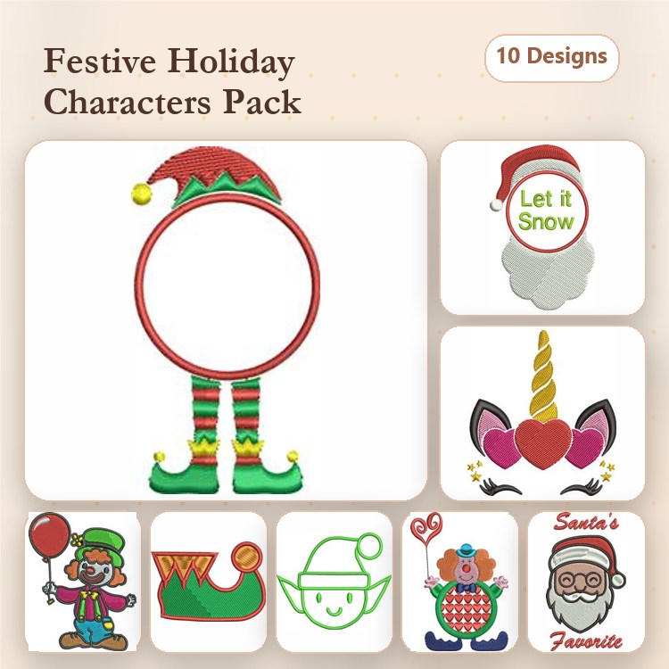Festive Holiday Character Embroidery Designs Bundle – Elf with Legs, Santa Hat, Unicorn with Hearts & More (10 Designs)