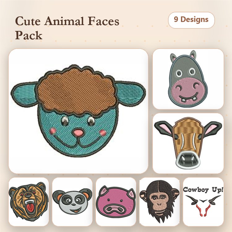Cute Animal Faces Embroidery Designs Bundle – Sheep, Hippo, Cow, Lion & More (9 Designs)