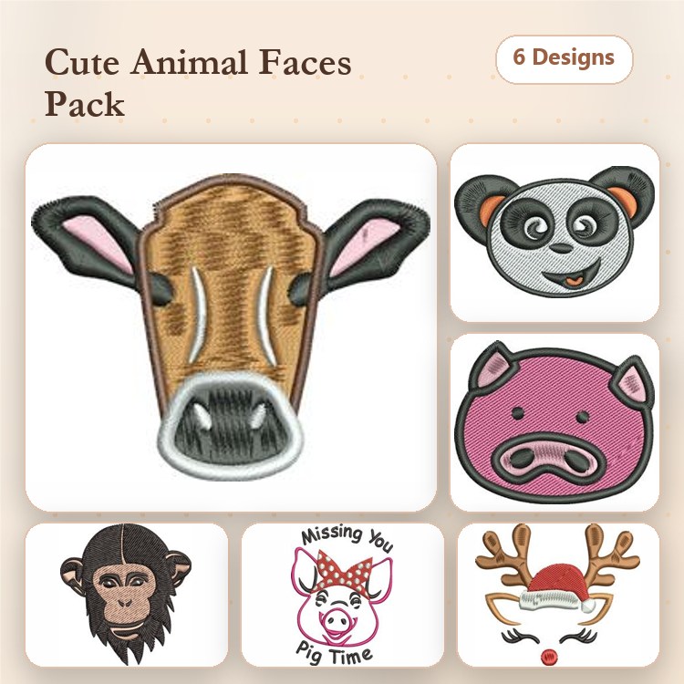Animal Faces Embroidery Bundle – Cow Face, Panda Face, Pig Face & More (6 Designs)