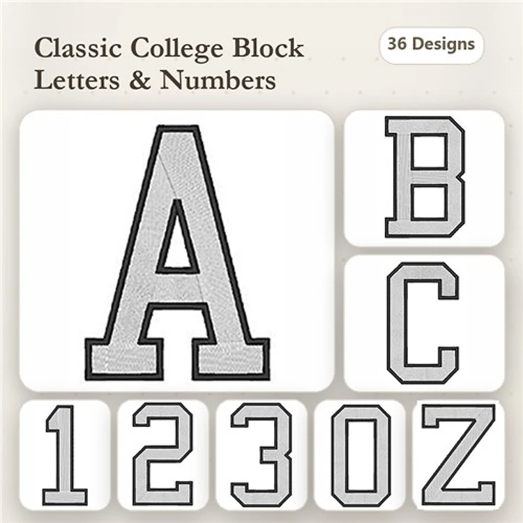 Classic College Block Letters & Numbers Embroidery Designs Bundle – A, B, C, Z & More (36 Designs)