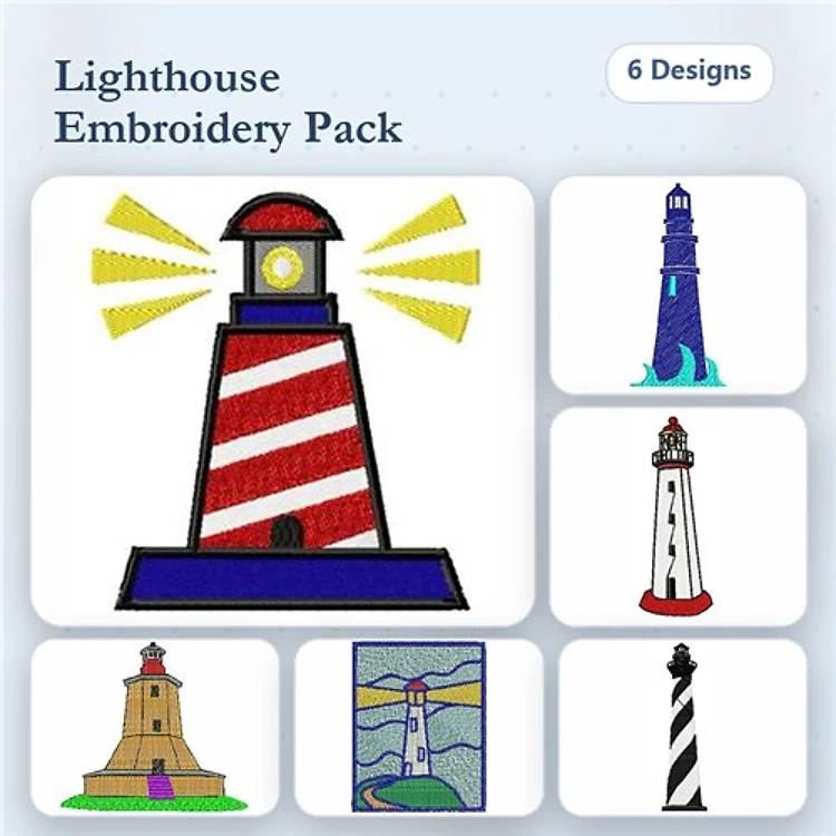 Lighthouse Embroidery Designs Bundle – Red Striped Lighthouse, Blue Lighthouse, Black and White Striped Lighthouse & More (6 Designs)