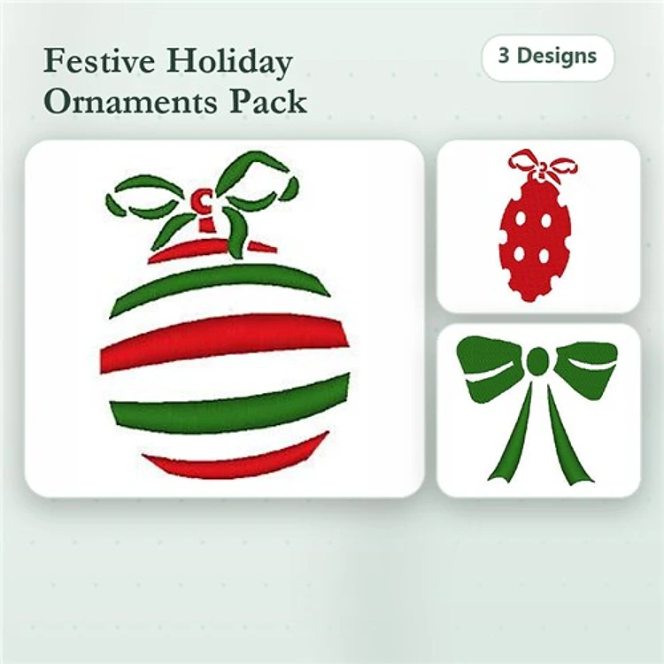 Festive Holiday Ornaments Embroidery Designs Bundle – Striped Christmas Ornament, Pinecone Ornament, Christmas Bow & More (6 Designs)