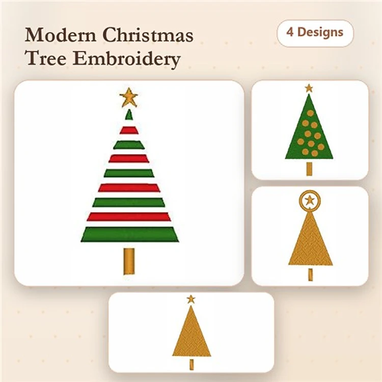 Modern Christmas Trees Embroidery Bundle – Striped Tree, Polka Dot Tree, Star Top Tree & More (4 Designs)