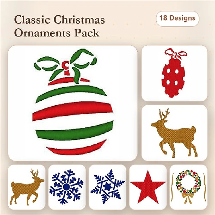 Christmas Ornaments Embroidery Designs Bundle – Striped Ornament, Polka Dot Ornament, Deer & More (18 Designs)