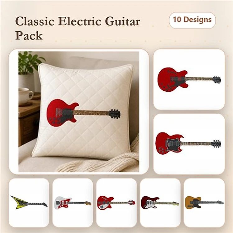 Electric Guitars Embroidery Designs Bundle – Red Electric Guitar, Black Electric Guitar, Classic Style Electric Guitar & More (10 Designs)