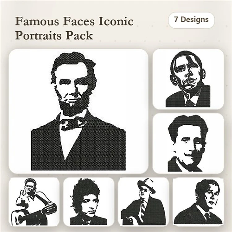 Iconic Portraits Embroidery Bundle – Abraham Lincoln, Barack Obama, John Lennon & More (7 Designs)