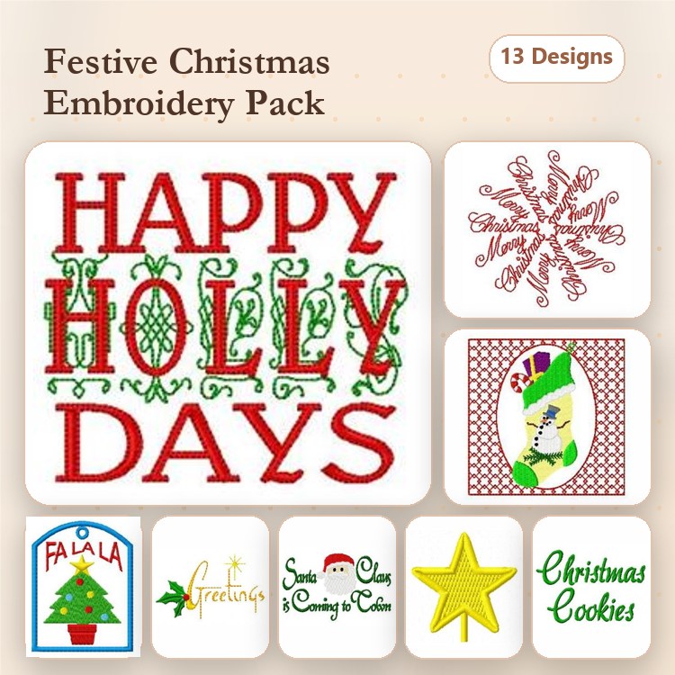 Festive Christmas Embroidery Designs Bundle – Happy Holly Days, Christmas Snowflake, Santa Claus & More (13 Designs)