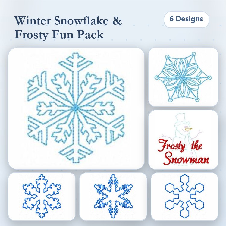 Redwork Winter Snowflakes Embroidery Designs Bundle – Snowflake Design 1, Snowflake Design 2, Frosty the Snowman & More (6 Designs)