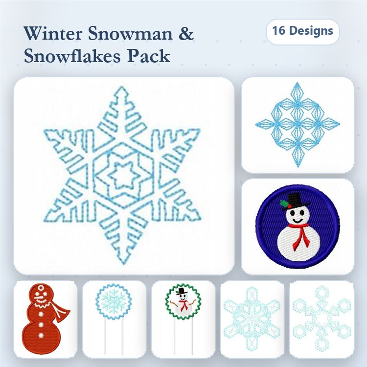 Winter Snowman & Snowflakes Embroidery Designs Bundle – Snowman, Snowflake Design 1, Snowflake Design 2 & More (16 Designs)