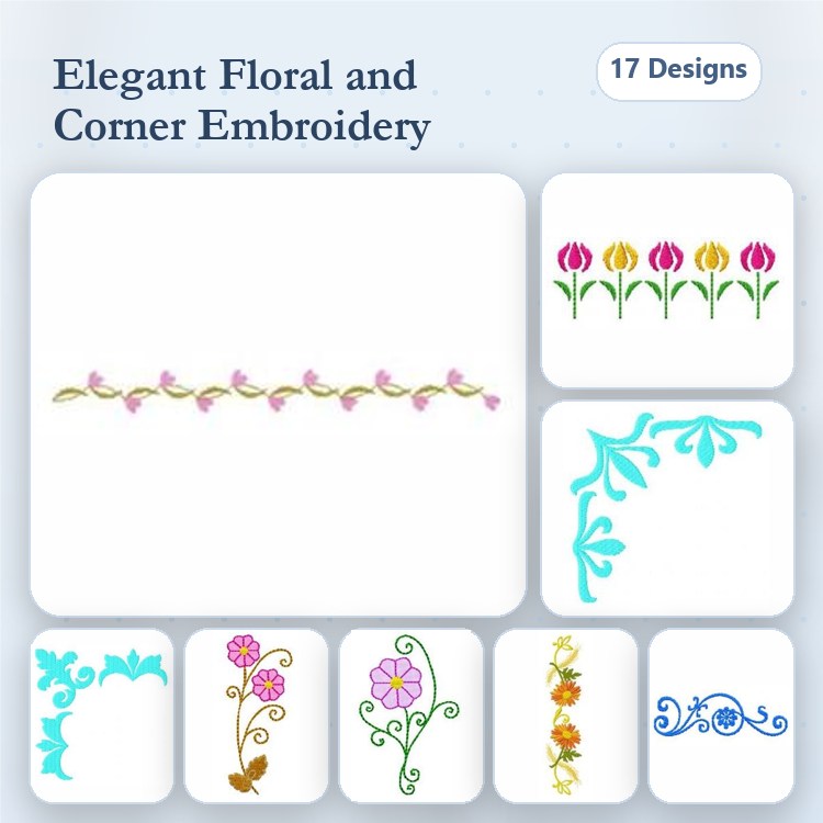 Floral and Corner Embroidery Designs Bundle – Floral Vine, Tulip Border, Butterfly & More (17 Designs)