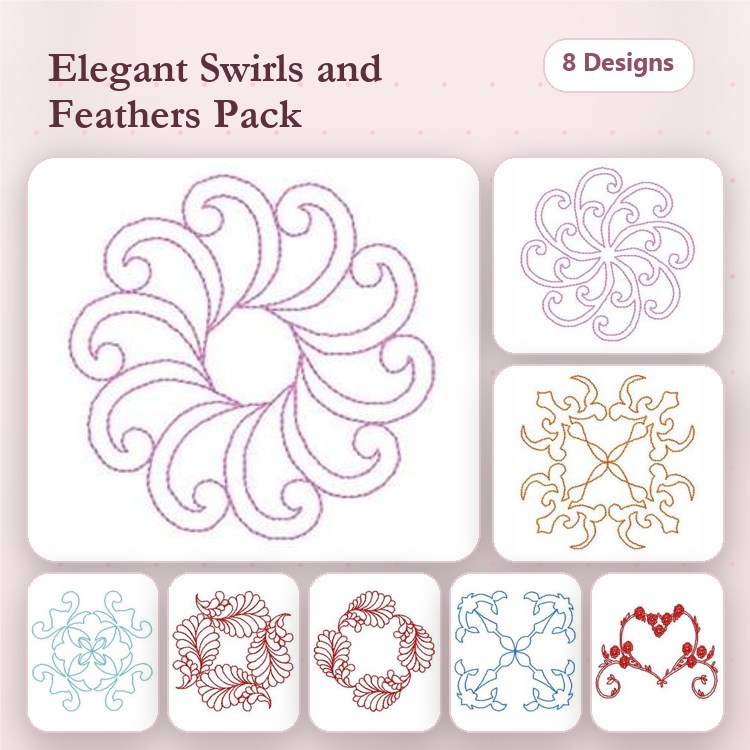 Redwork Swirls & Feathers Embroidery Designs Bundle – Swirled Feather, Ornamental Swirl, Floral Swirl & More (8 Designs)
