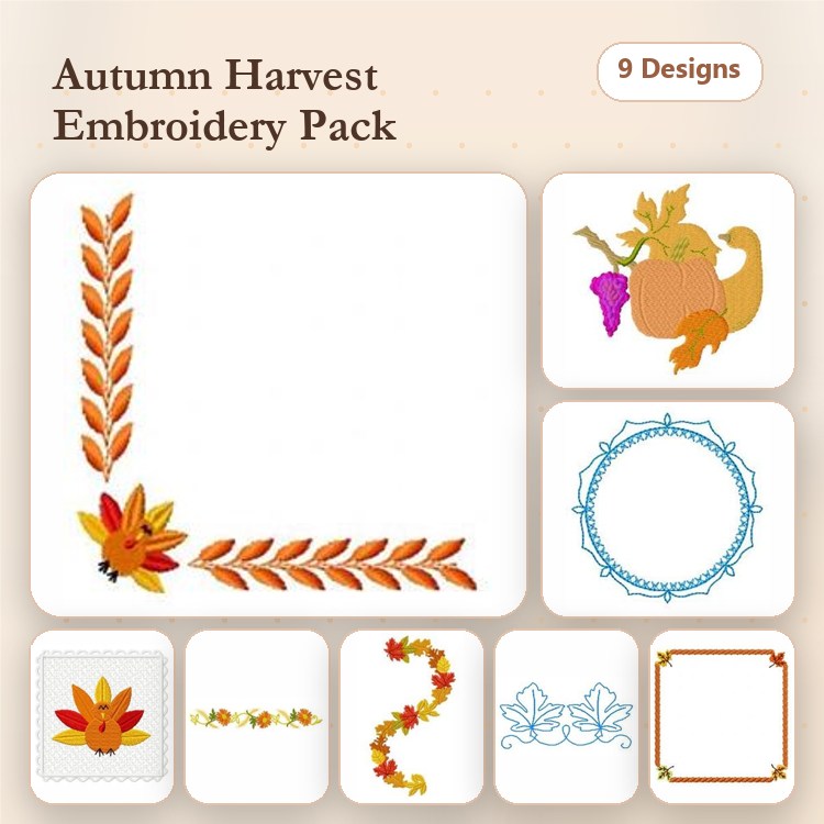 Autumn Harvest Embroidery Designs Bundle – Pumpkin with Grapes, Fall Leaves Corner & More (9 Designs)