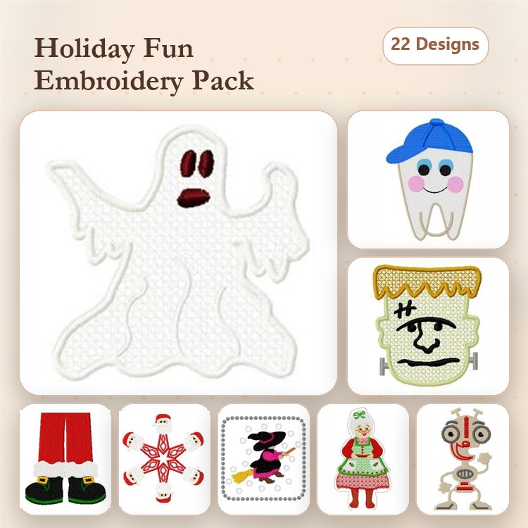 Halloween Characters Embroidery Designs Bundle – Ghost, Tooth Fairy, Frankenstein & More (22 Designs)