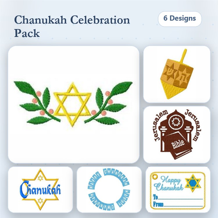 Chanukah Celebration Embroidery Designs Bundle – Star of David, Dreidel, Happy Chanukah Label & More (6 Designs)