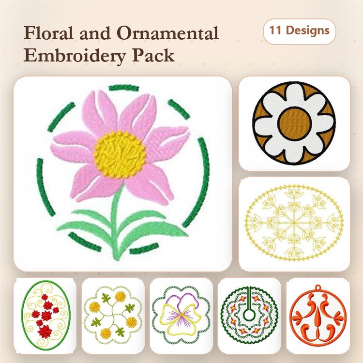 Floral and Ornamental Embroidery Designs Bundle – Pink Flower, Daisy, Ornamental Floral Design & More (11 Designs)
