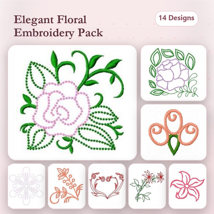 Floral Embroidery Designs Bundle – Rose with Leaves, Swirling Buds, Ornate Blossom & More (14 Designs)