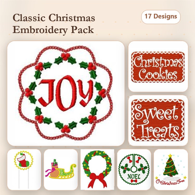 Christmas Themed Embroidery Designs Bundle – JOY Wreath, Christmas Tree, Sleigh & More (17 Designs)