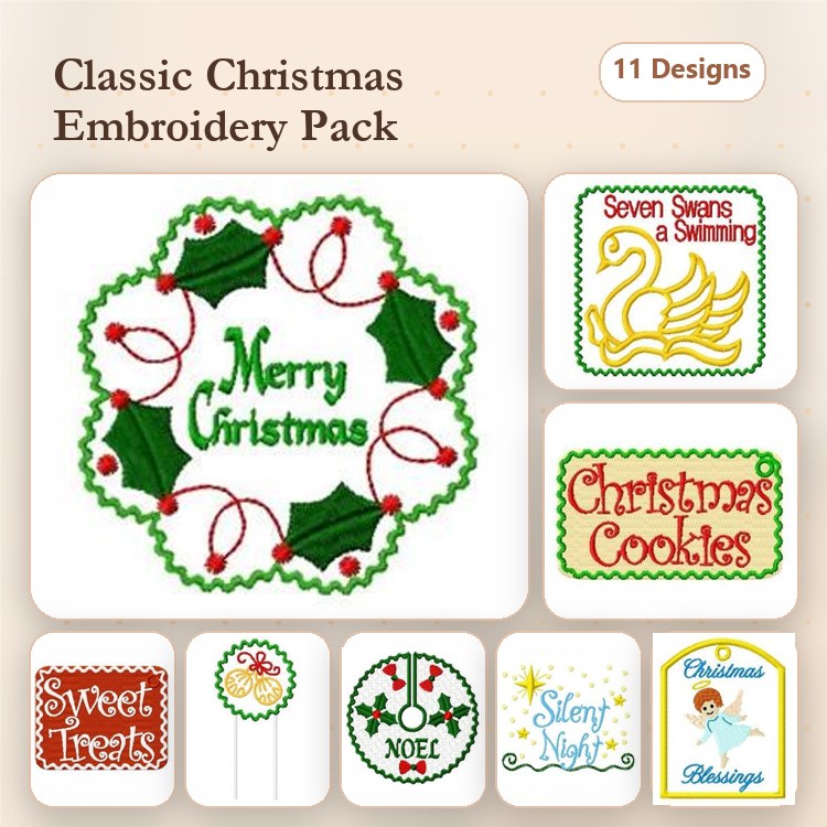 Classic Christmas Themes Embroidery Designs Bundle – Merry Christmas Wreath, Seven Swans a Swimming, Christmas Cookies & More (11 Designs)