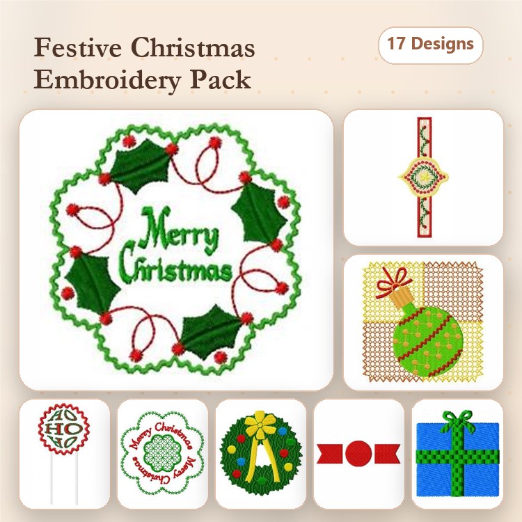 Festive Christmas Embroidery Designs Bundle – Merry Christmas Wreath, Christmas Ornament, Gift Box with Ribbon & More (17 Designs)