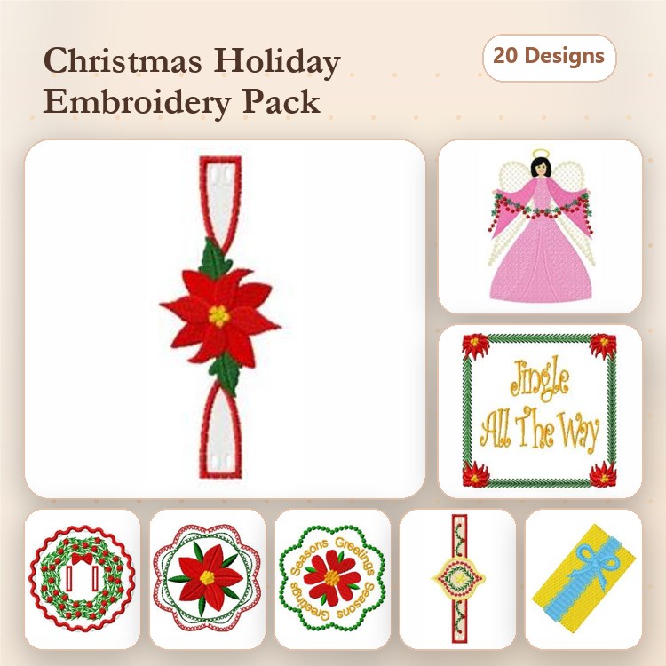 Christmas Holiday Embroidery Designs Bundle – Poinsettia Ornament, Angel Design, Jingle All The Way & More (20 Designs)