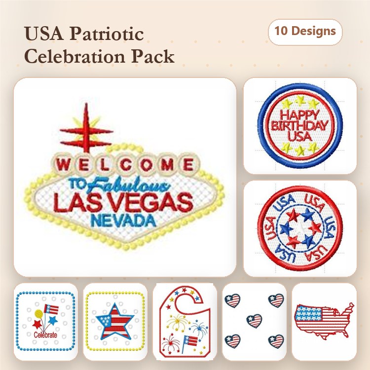 Patriotic USA Celebrations Embroidery Designs Bundle – Welcome to Fabulous Las Vegas, Happy Birthday USA, USA Seal & More (10 Designs)