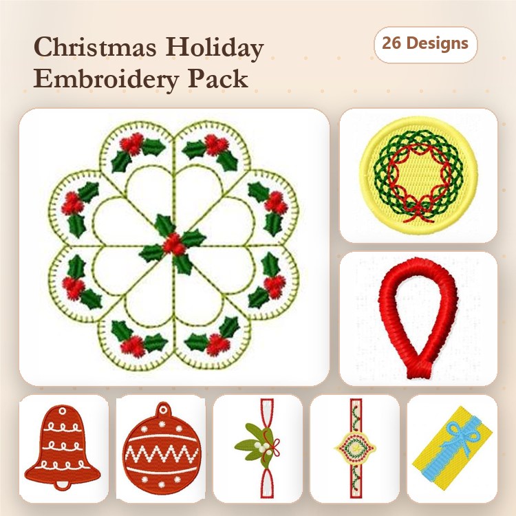 Christmas Holiday Embroidery Designs Bundle – Holly Wreath, Circle Ornament, Bell Design, Bauble Ornament & More (26 Designs)