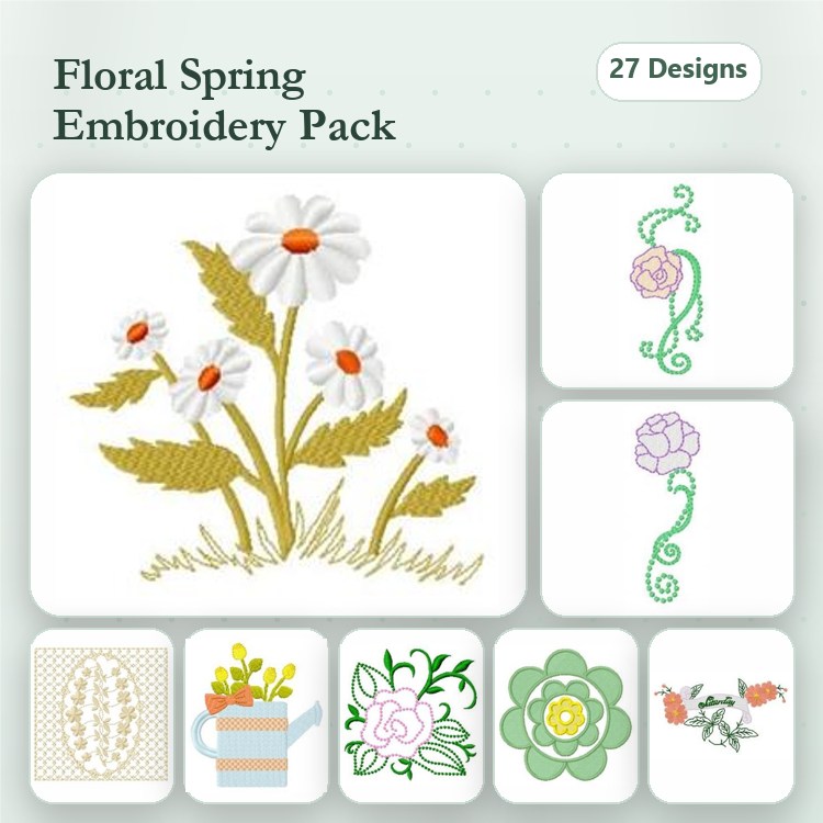 Floral Spring Embroidery Designs Bundle – Daisy Bouquet, Rose Vine, Floral Cup & More (27 Designs)