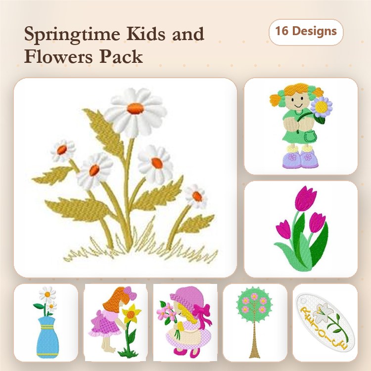 Kids & Flower Embroidery Designs Bundle – Daisy Flower Bouquet, Girl with Flowers, Tulip & More (16 Designs)