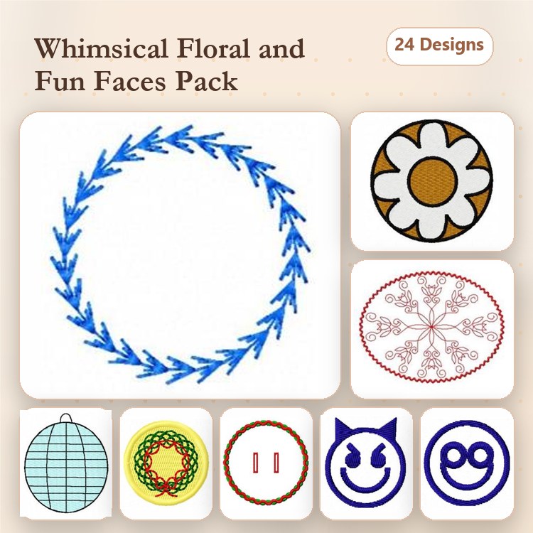 Floral & Fun Faces Embroidery Designs Bundle – Floral Wreath, Daisy Flower, Happy Face & More (24 Designs)