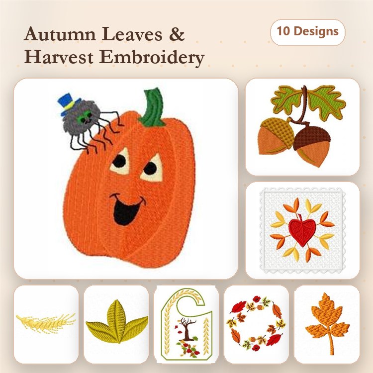 Autumn Leaves and Harvest Embroidery Designs Bundle – Smiling Pumpkin, Acorn, Heart with Leaves & More (10 Designs)