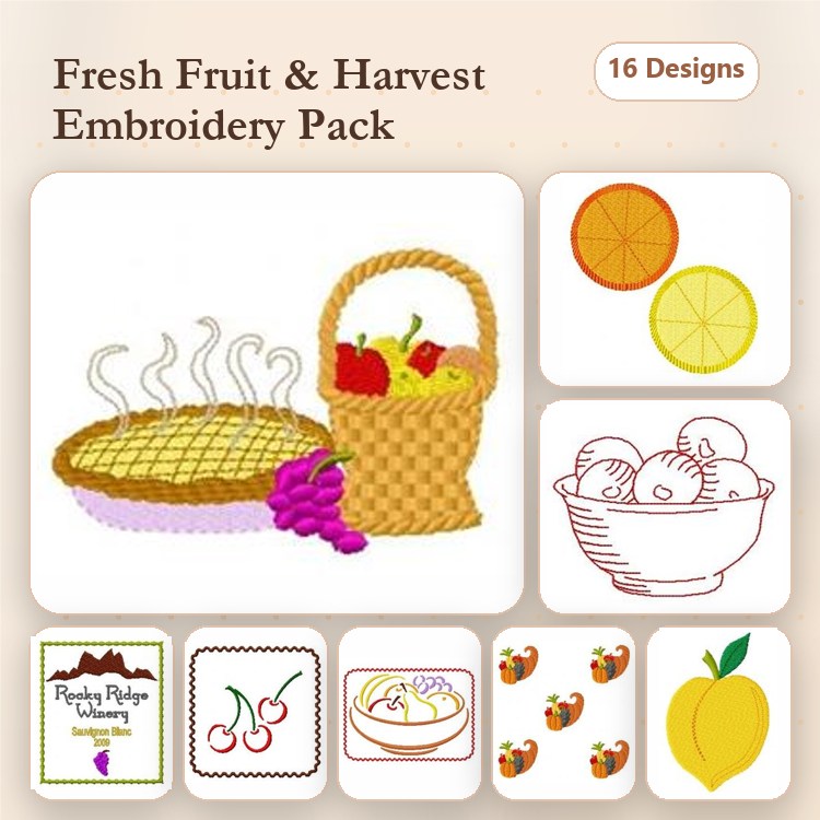 Fresh Fruit and Harvest Embroidery Designs Bundle – Fruit Basket with Pie, Orange Slice, Apple Bowl & More (16 Designs)