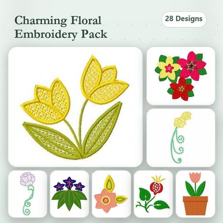 Charming Floral Embroidery Bundle – Yellow Tulips, Climbing Rose, Purple Flower & More (28 Designs)