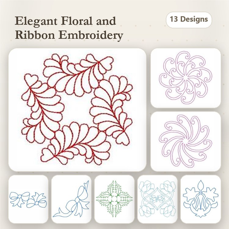 Redwork Elegant Floral & Ribbon Embroidery Designs Bundle – Floral Swirl, Ribbon Bow, Leafy Wreath & More (13 Designs)