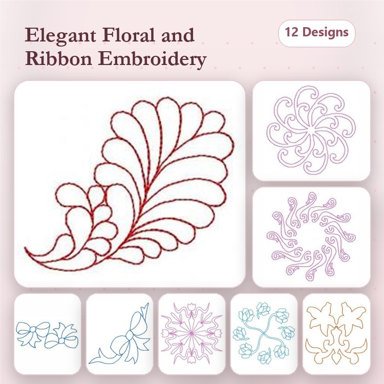 Redwork Elegant Floral & Ribbon Embroidery Designs Bundle – Floral Swirl, Ribbon Bow, Decorative Floral Vine & More (12 Designs)