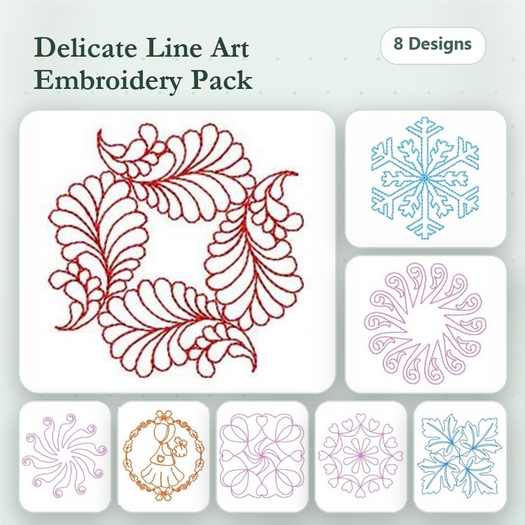 Redwork Elegant Floral Embroidery Designs Bundle – Floral Swirl, Elegant Leaf, Fancy Flourish & More (8 Designs)