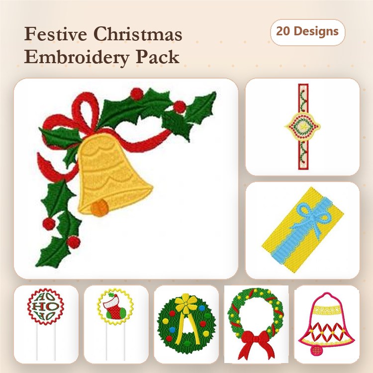Christmas Decorations Embroidery Designs Bundle – Holly Bell, Christmas Wreath with Bows, Santa Hat & More (20 Designs)