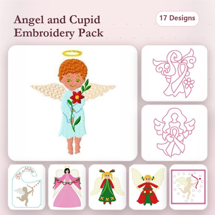 Angels & Cupid Embroidery Designs Bundle – Angel with Flower, Cupid with Bow, Angel Holding Gift & More (17 Designs)