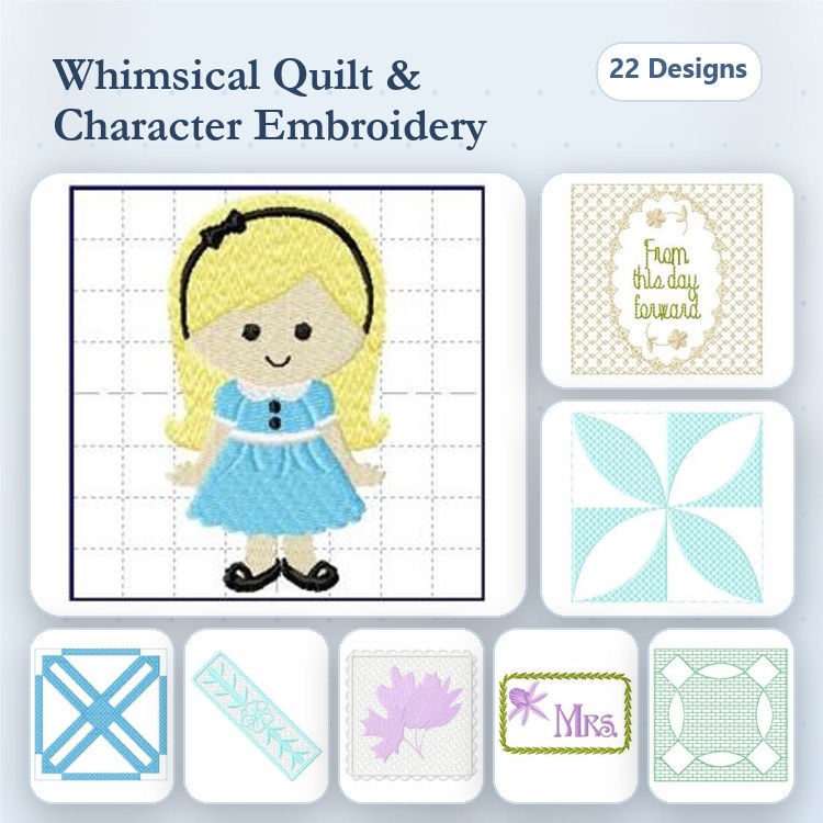 Applique Whimsical Quilt & Character Embroidery Designs Bundle – Alice in Blue Dress, Quilt Frame with Floral, Quilt Block with Flower & More (22 Designs)