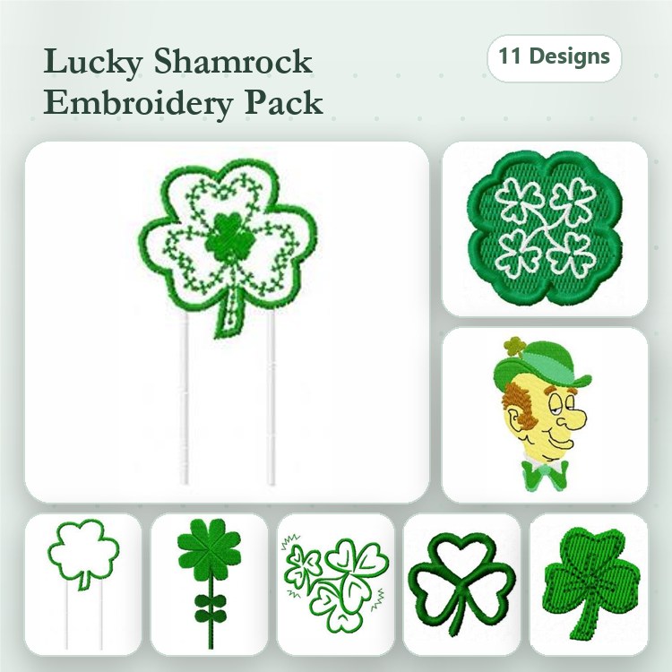 Lucky Shamrock Embroidery Designs Bundle – Shamrock with Face, Cartoon Leprechaun, Two-Tone Shamrock & More (11 Designs)