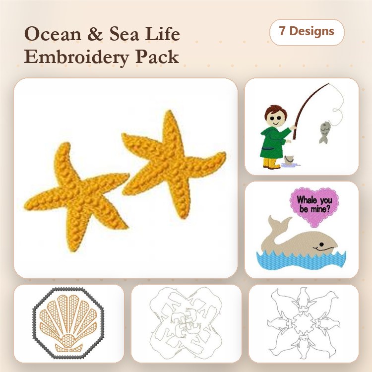 Ocean and Sea Life Embroidery Bundle – Starfish, Fishing Boy, Dolphin with Speech Bubble & More (7 Designs)