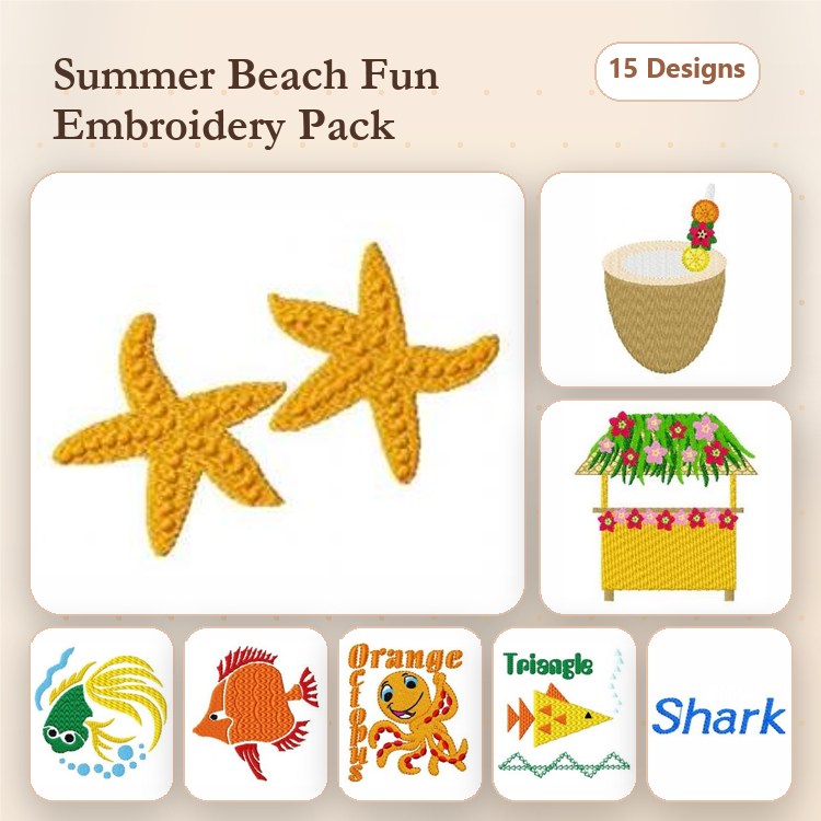 Summer Beach Embroidery Designs Bundle – Starfish, Beach Drink, Hut & More (15 Designs)