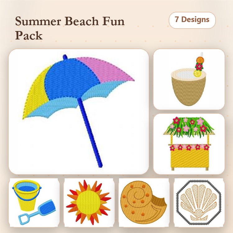 Summer Beach Fun Embroidery Designs Bundle – Beach Umbrella, Tropical Drink, Beach Hut & More (7 Designs)