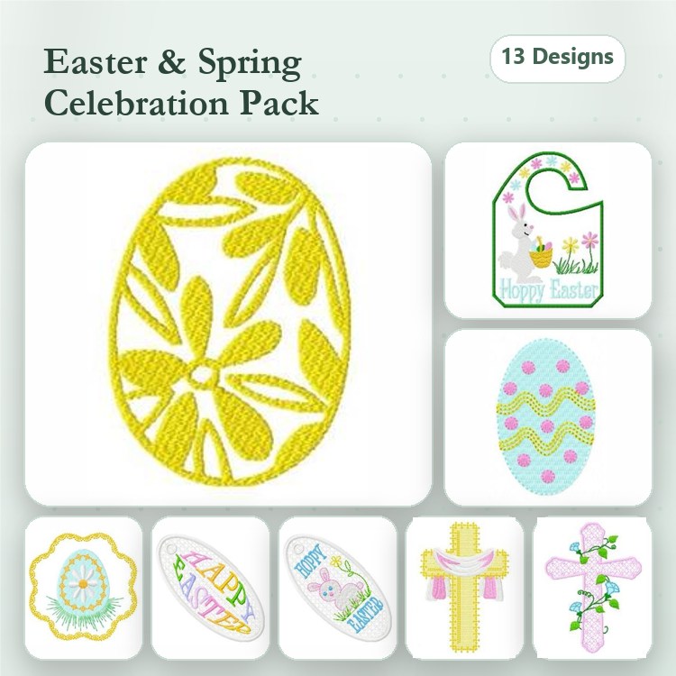Easter and Spring Embroidery Designs Bundle – Easter Egg with Flowers, Happy Easter Tag, Cross with Flowers & More (13 Designs)