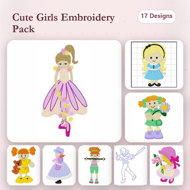 Cute Girls Embroidery Designs Bundle – Ballerina Girl, Blue Dress Girl, Flower Girl & More (17 Designs)