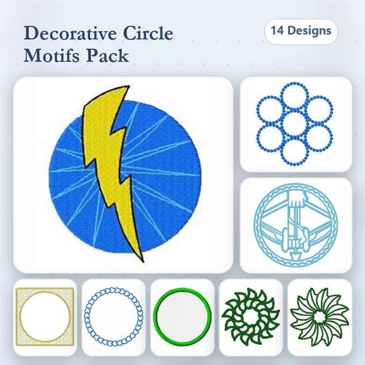 Decorative Circle Motifs Embroidery Designs Bundle – Lightning Circle, Floral Circle, Geometric Circle & More (14 Designs)